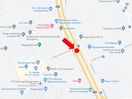 Видеоборд A в Киеве Кільцева дорога, роздільник, заїзд до супермаркетів "Ашан", "Ельдорадо", ТРЦ "Променада парк", в напрямку просп. Леся Курбаса (50-річчя Жовтня), Одеської пл. - 371724 схема