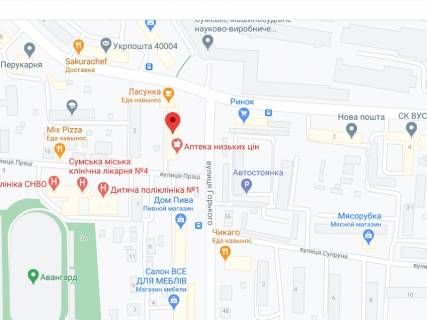 Видеоборд A у Сумах Горького вул., 41, аптека "Мед Сервіс", №Х010, прайс за ролик 10 сек 1 вихід/5 хвилин, з 8:00-22:00. Розрахунок для інших параметрів трансляції уточнюйте у менеджера. - 301520 схема