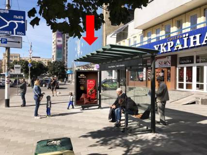 Ситилайт  в Житомире, 1.8x1.2  Київська вул., 3, зупинка "Готель" Україна ", в сторону Соборної пл. фото 1