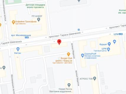 Видеоборд A у Кам'янське (Дніпродзержинськ) Шевченка пр., 13, аптека "Мед Сервіс", №Дп052, прайс за ролик 10 сек 1 вихід/5 хвилин, з 8:00-22:00. Розрахунок для інших параметрів трансляції уточнюйте у менеджера. - 301309 схема
