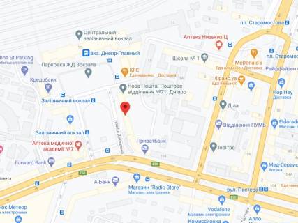 Видеоборд A в Днепр (Днепропетровск) Вокзальна пл., 2б, аптека "Мед Сервіс", №Дп092, прайс за ролик 10 сек 1 вихід/5 хвилин, з 8:00-22:00. Розрахунок для інших параметрів трансляції уточнюйте у менеджера. - 301325 схема