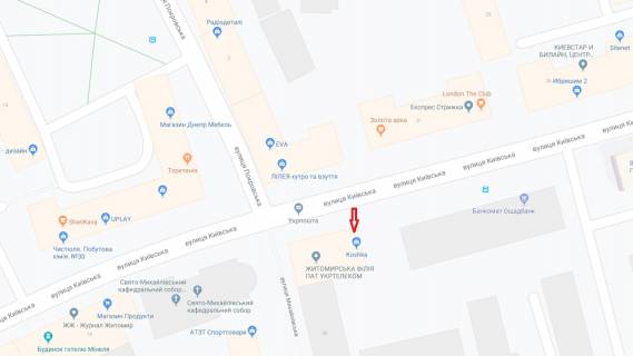 Видеоборд B в Житомире Київська вул., 20, в сторону вул. Театральній, ролик 10 сек, 1 вихід / 10 хв, вартість за 3162 показу в місяць (102 на добу), 6: 00-22: 00 - 286611 схема