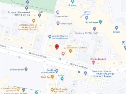 Видеоборд A в Виннице Соборна вул., 46, аптека "Мед Сервіс", №К011, прайс за ролик 10 сек 1 вихід/5 хвилин, з 8:00-22:00. Розрахунок для інших параметрів трансляції уточнюйте у менеджера. - 301290 схема