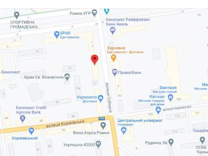 Видеоборд A в Ромнах Соборна вул., 9, аптека "Мед Сервіс", №Х020, прайс за ролик 10 сек 1 вихід/5 хвилин, з 8:00-22:00. Розрахунок для інших параметрів трансляції уточнюйте у менеджера. - 301507 схема