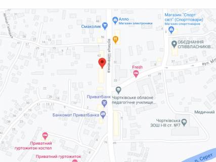 Видеоборд A в Чорткове Шевченка вул.,14, аптека "Мед Сервіс", №Л031, прайс за ролик 10 сек 1 вихід/5 хвилин, з 8:00-22:00. Розрахунок для інших параметрів трансляції уточнюйте у менеджера. - 301609 схема