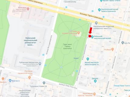 Ситилайт A в Киеве, 1.8x1.2  Терещенківська вул., 11, навпроти парку Т. Шевченка, в сторону Гетьмана Павла Скоропадського вул. (Льва Толстого) схема