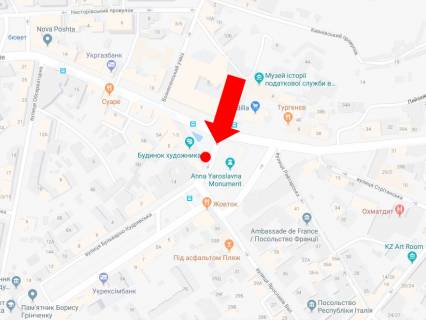 Citylight  in Kyiv, 1.8x1.2  L'vivs'ka pl., "Budinok Hudoznika", v storonu Bul'varno-Kudravs'ka st. (kolis. Vorovs'kogo st.), Aroslaviv Val st. scheme
