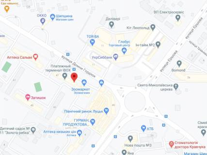 Видеоборд A в Луцке Захисників України (колишня Гордіюк) вул., 47, аптека "Волиньфарм", прайс за ролик 10 сек 1 вихід/5 хвилин, на двосторонньому екрані, від 144 виходів на день. Розрахунок для інших параметрів трансляції уточнюйте у менеджера. - 301432 схема