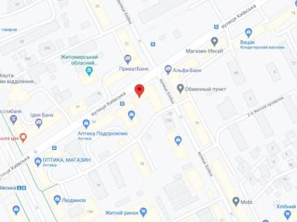 Білборд, Бігборд (Борд)  A у Житомирі Київ вул., 62, аптека "Мед Сервіс", №К020, прайс за ролик 10 сек 1 вихід/5 хвилин, з 8:00-22:00. Розрахунок для інших параметрів трансляції уточнюйте у менеджера. схема
