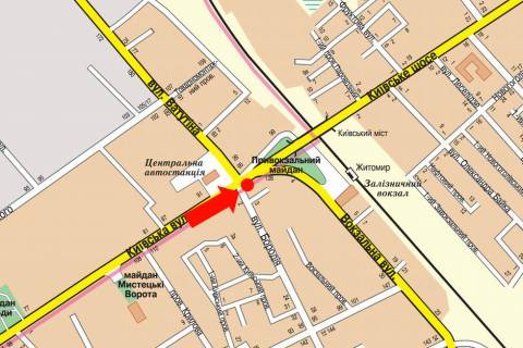 Prismatron, Prism  in Zhytomyr, 3x6  Kiivs'ka st. / Petluri st. (kol. Borodia st.), bila avtovokzalu, na svitlofori, z centru - 446578 scheme