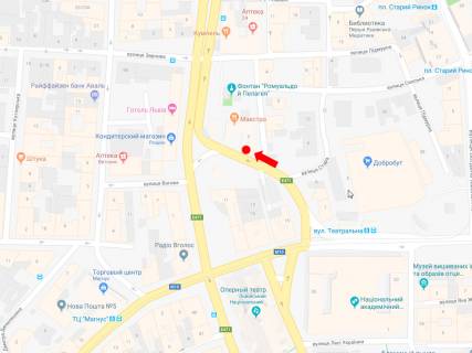 Citylight A in Lviv, 1.8x1.2  Cornovala av. - Rizni pl., za Opernim teatrom (zupinka "Plosa Rizni") (prava), z centru scheme