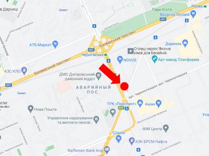 Билборд  в Киеве, 3x6  Гната Хоткевича вул. (Червоногвардійська). - просп. Леоніда Каденюка (Гагаріна), біля ТРЦ "Проспект", супермаркету "Ашан", на світлофорі, в сторону пр. Гагаріна схема