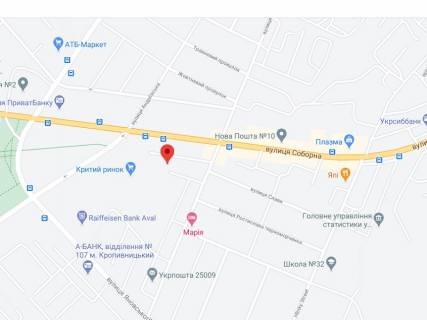 Видеоборд A у Кропивницький (Кіровоград) Соборна вул. ( 50 років Жовтня)., 27б, аптека "Мед Сервіс", №Дн050, прайс за ролик 10 сек 1 вихід/5 хвилин, з 8:00-22:00. Розрахунок для інших параметрів трансляції уточнюйте у менеджера. - 301383 схема