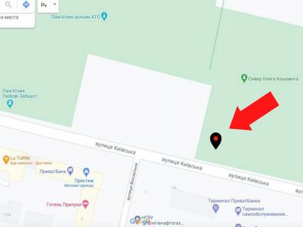 Видеоборд B у Прилуках Київська вул. - Центральна пл., Права сторона площі, прайс за ролик 10 сек 1 вихід / 2 хвилини, цілодобово. Розрахунок для інших параметрів уточнюйте у менеджера. - 295432 схема