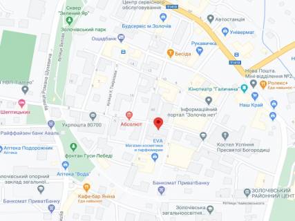 Видеоборд A в Золочеве (Львовской обл) Пушкіна вул., 1, аптека "Волиньфарм", прайс за ролик 10 сек 1 вихід/5 хвилин, з 8:00-22:00. Розрахунок для інших параметрів трансляції уточнюйте у менеджера. - 301368 схема