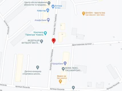 Видеоборд A у Ковелі Українки бул., 1, аптека "Волиньфарм", прайс за ролик 10 сек 1 вихід/5 хвилин, на двосторонньому екрані, від 144 виходів на день. Розрахунок для інших параметрів трансляції уточнюйте у менеджера. - 301388 схема