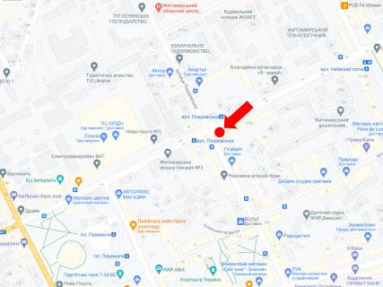 Беклайт B у Житомирі, 2.3x3.14  Грушевського вул. (колиш. вул. Котовського), 14 - Покровська вул. (колиш. вул. Щорса) навпроти ТЦ "Олді", супермаркетів "Сільпо", "Ельдорадо", на світлофорі схема