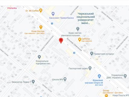 Видеоборд A у Черкасах Шевченка бул., 116, аптека "Мед Сервиіс", №Дн107, прайс за ролик 10 сек 1 вихід/5 хвилин, з 8:00-22:00. Розрахунок для інших параметрів трансляції уточнюйте у менеджера. - 301599 схема
