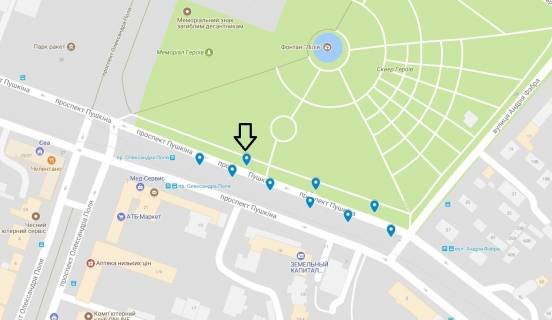 Ситилайт  в Днепр (Днепропетровск) пр. Лесі Українки (Пушкіна), на тротуарі, від вул. Лазаря Глоби (Сєрова, Фабра) до просп. Олександра Поля (Кірова) -3- схема