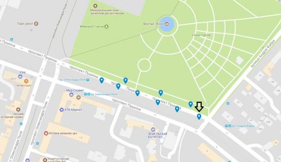 Ситилайт  в Днепр (Днепропетровск) пр. Лесі Українки (Пушкіна), на розподільчій алеї, від вул. Лазаря Глоби (Сєрова, Фабра) до просп. Олександра Поля (Кірова) -1- схема