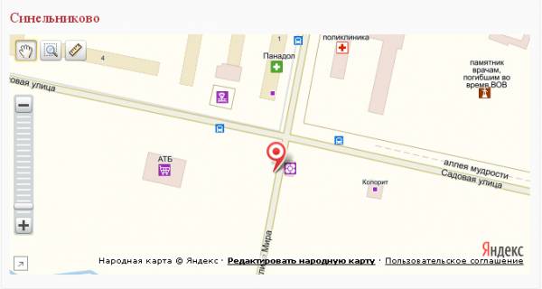 Білборд, Бігборд (Борд)  A у Синельниково, 3х6  перехрестя вул.Миру та вул. 50 років жовтня схема