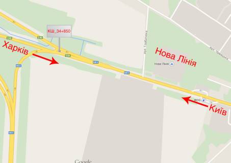 Билборд A в Борисполе Траса Е40, вул. Київський Шлях, 34км+850м, в'їзд в Бориспіль з м. Київ, на розподільчій полосі. схема