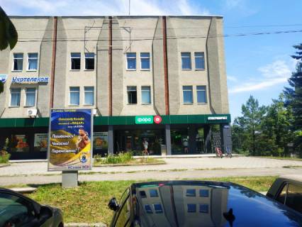 Citylight B in Mykolayiv (Lviv region), 1.8м.x1.2м.  m. Mikolaiv, st. P. Cajkovs'kogo, 18 , supermarket Fora, Ukrposta, Ukrtelekom, Dnipro-M, porad bud. kul't. Cementnik Photo 1
