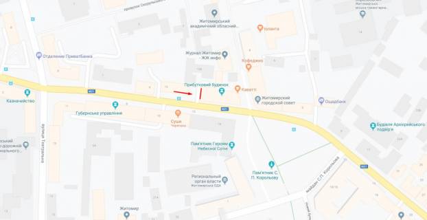 Видеоборд B в Житомире, 2,8х4,8  ул.Б.Бердичевская, 15, центр, обладминистрация, горсовет, пешеходная зона, кафе, рестораны - 382982 схема