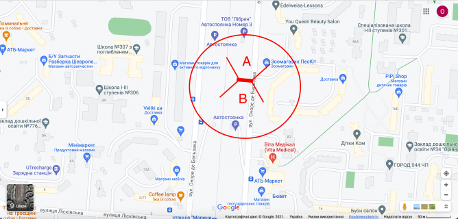 Билборд A в Киеве вул. О. Бальзака, 84 (03-0280-01) в напрямку вул. Лісківська схема