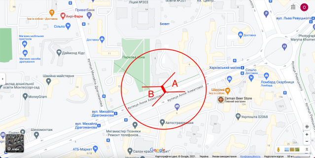 Билборд A в Киеве вул. А. Ахматової, 6 (03-0951-01) в напрямку Дпіпр.набережної схема
