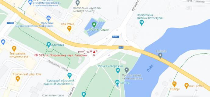 Ситилайт A в Сумах пл. Покровська –вул. Кустовська                                      /пл. Покровська –вул. Євгена Коростельова вул. (Гагаріна)/ (тріедер) схема