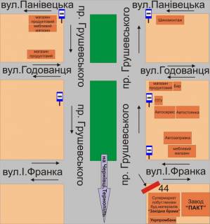 Билборд B в Каменец-Подольском, 3х6  перехрестя пр.Грушевського та вул.І.Франка схема