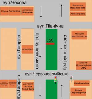 Билборд A в Каменец-Подольском, 3х6  пр.Грушевського (вул.Північна-вул.Героїв Небесної сотні) схема