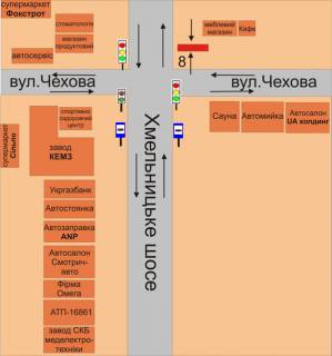 Билборд B в Каменец-Подольском, 3х6  перехрестя Хмельницьке шосе та вул.Чехова схема