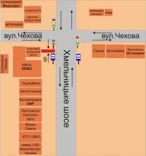 Билборд A в Каменец-Подольском, 3х6  перехрестя Хмельницьке шосе та вул.Чехова схема