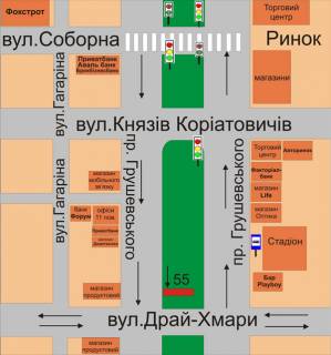 Билборд A в Каменец-Подольском, 3х6  пр.Грушевського(між вул.Симона Петлюри-вул.Драй-Хмари) схема