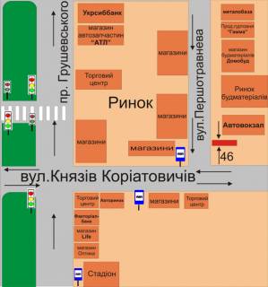 Білборд, Бігборд (Борд)  A у Кам'янець-Подільському, 3х6  перехрестя вул.Кн. Коріатовичів та вул. Першотравнева (в’їзд на автовокзал) схема