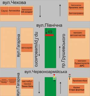 Білборд, Бігборд (Борд)  A у Кам'янець-Подільському, 3х6  пр.Грушевського(вул.Північна-вул.Червоноармійська) схема