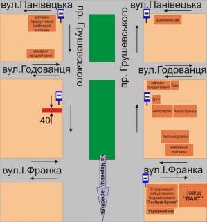 Билборд B в Каменец-Подольском, 3х6  пр.Грушевского навпроти в’їзду в училище №14 (біля зупинки “Проспект”) схема