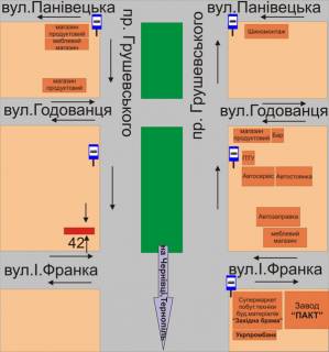 Билборд B в Каменец-Подольском, 3х6  перехрестя пр.Грушевського та вул.І.Франка (100м. до вул.Франка) схема