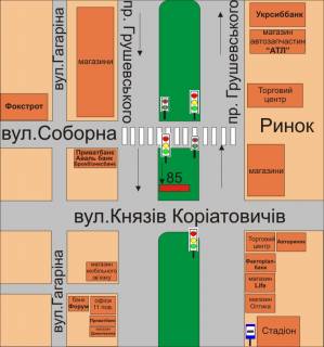 Билборд A в Каменец-Подольском, 3х6  район перехрестя проспект Грушевського-вул. Князів Коріатовичів схема