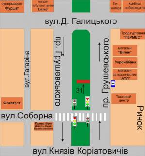Билборд A в Каменец-Подольском, 3х6  пр.Грушевського (між вул. Соборна та вул.Д.Галицького) схема
