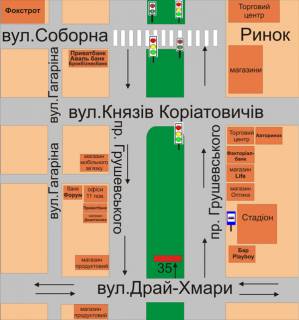 Билборд A в Каменец-Подольском, 3х6  перехрестя пр. Грушевського та вул. Драй-Хмари (за 50м від вул. Драй Хмари) схема