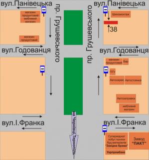 Билборд B в Каменец-Подольском, 3х6  перехрестя пр. Грушевського та вул.Панівецької (50м до вул.Панівецька) схема