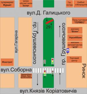Билборд B в Каменец-Подольском, 3х6  перехрестя пр.Грушевського та вул.Данила Галицького схема