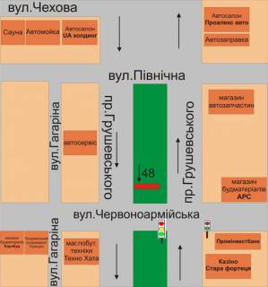 Билборд A в Каменец-Подольском, 3х6  р-н перехрестя пр.Грушевського та вул. Героїв Небесної сотні схема