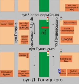 Билборд A в Каменец-Подольском, 3х6  пр.Грушевського, навпроти стадіону ЗОШ №15 схема
