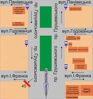 Билборд A в Каменец-Подольском, 3х6  перехрестя пр.Грушевського та вул.І.Франка схема