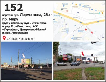 Билборд B в Кривом Роге Центральний просп. (кол. Вул. Лермонтова), 26а - Старовокзальна вул. (кол. Урицького) (ТЦ "Фокстрот"), рух у напрямку Захисників України площа (кол. Визволення) фото 1