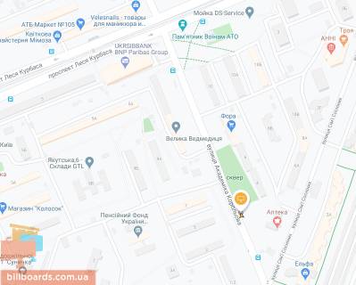 Билборд A в Киеве, Щит 3x6  Корольова Академіка просп., 4, сквер, в напрямку до просп. Леся Курбаса (50-річчя Жовтня) схема